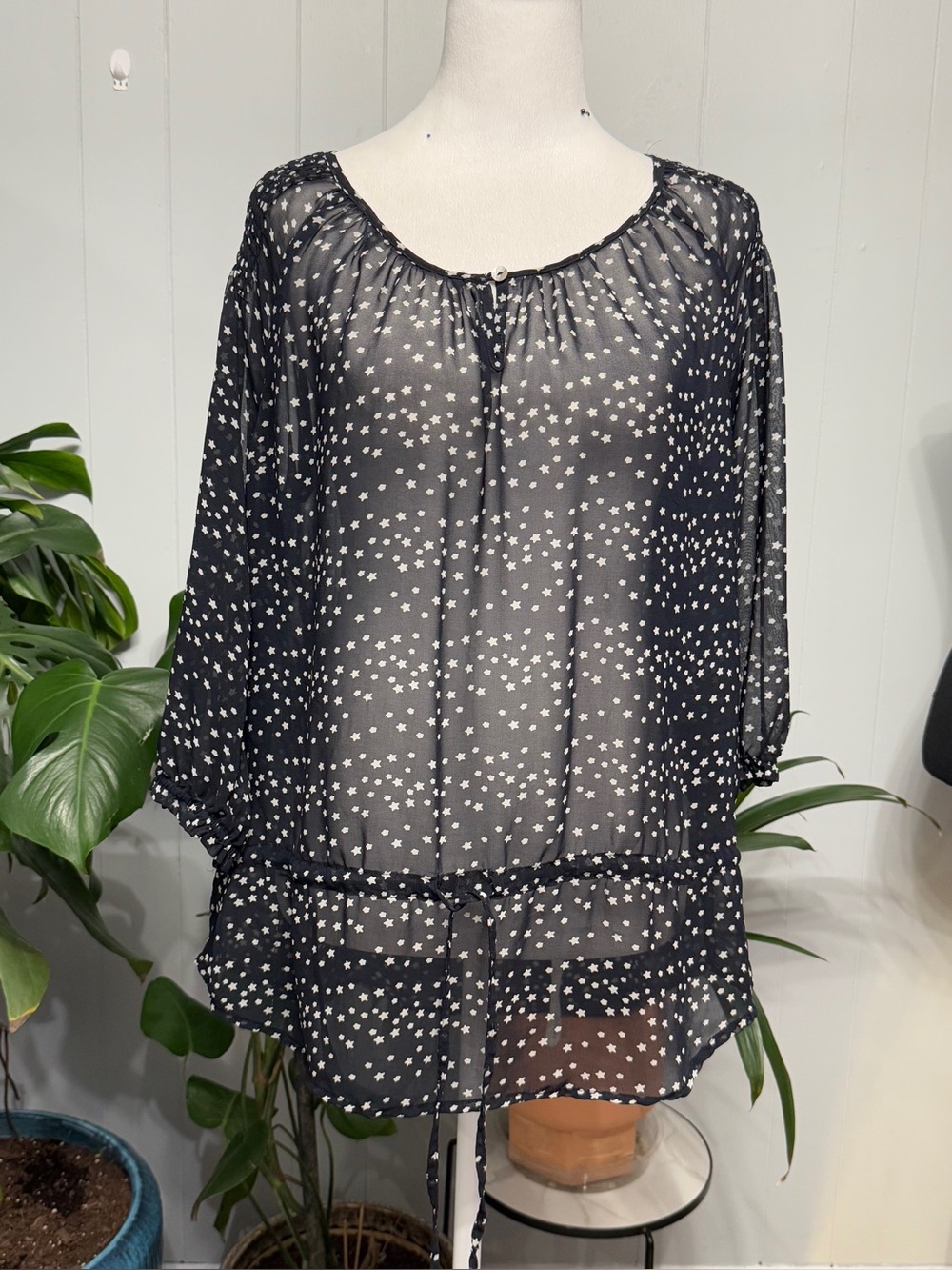 #17) Daniel Rainn Black Sheer Star-Print Peasant Blouse - Picture 2 of 7